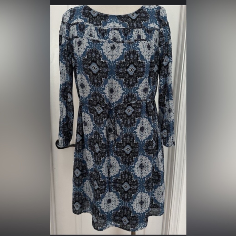 LOFT LONG SLEEVE BLUE FLORAL PRINT TIE WAIST DRESS SIZE EXTRA SMALL